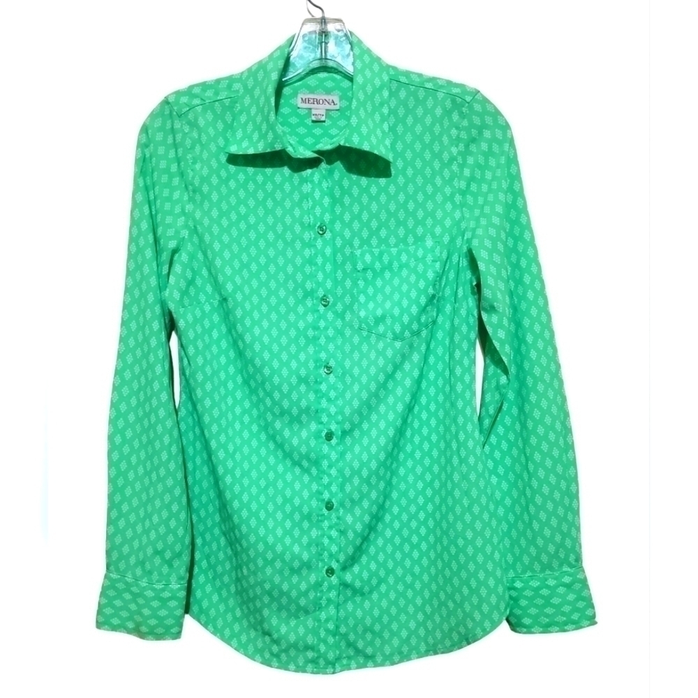 Merona Women's Green and White LongSleeve Button Down Blouse Sz Xsmall
